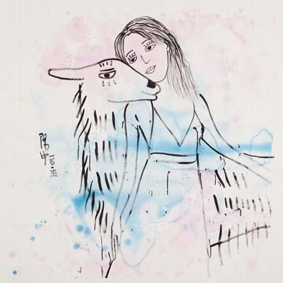 Watercolour style painting of a girl and an animal